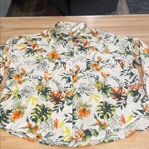 Fashion Nova White Floral Button-Down Shirt with Orange & Green Print